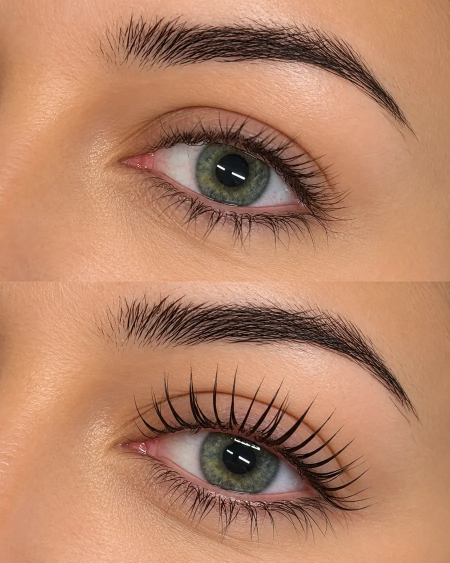 Before and after a Korean Lash Lift: natural lashes above, lifted and sculpted from the root below