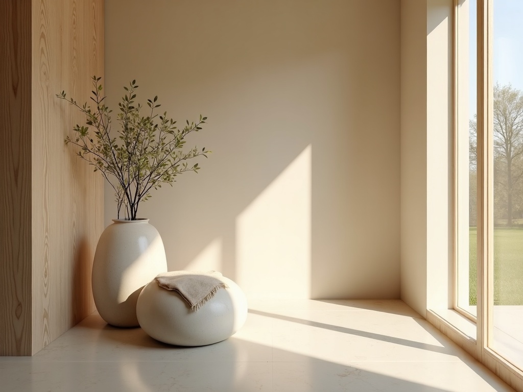 A calm, sunlit beige studio with oak wood paneling and an olive branch in a ceramic vase