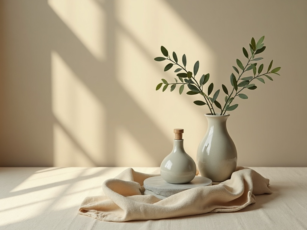 Olive branches and ceramic vessels on linen in soft natural light